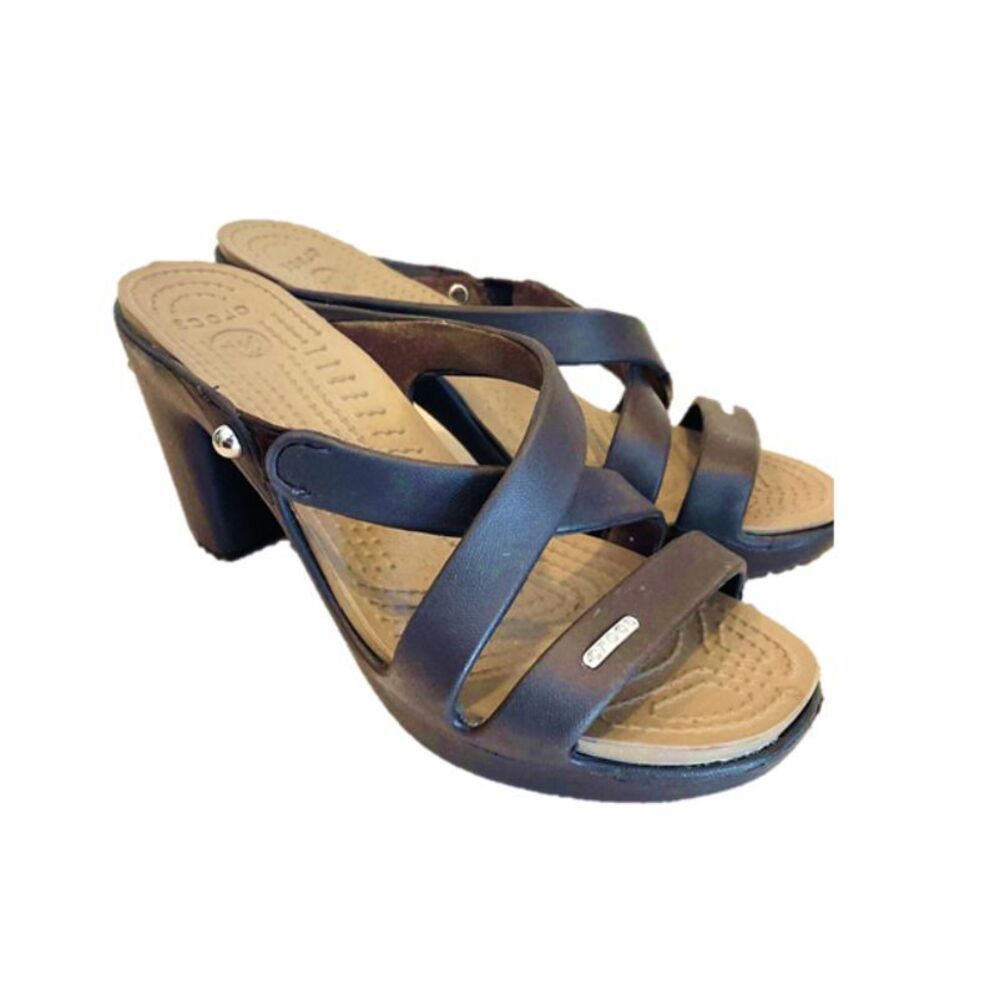 CROCS SIZE 9 Cyprus IV 4 BROWN SLIP ON HIGH HEEL SLIDE SANDALS